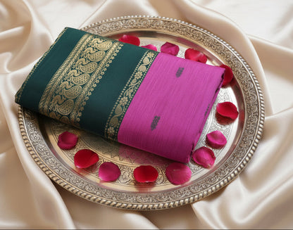 Sari with green and purple design on a white background