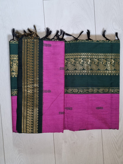 Purple and Bottle Green Kalyani Cotton Saree