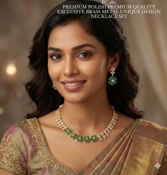 Woman wearing a green necklace and earrings with a blurred background