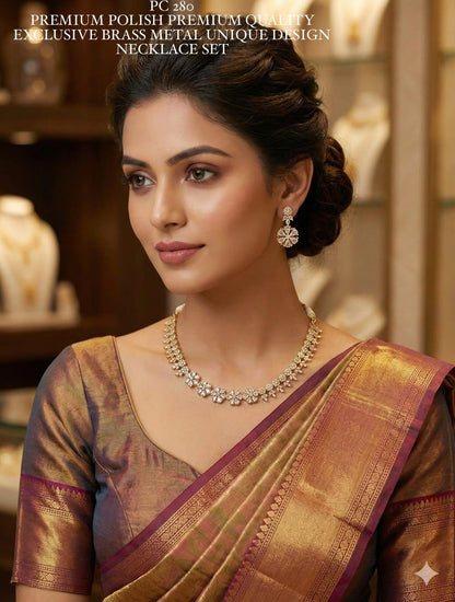 Woman wearing a necklace set with a blurred background