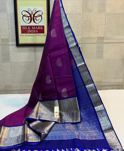 Pure Silk Mark Certified Kanchipuram Silk Saree – Royal Purple with Royal Blue Border & Silver Swan Zari Design