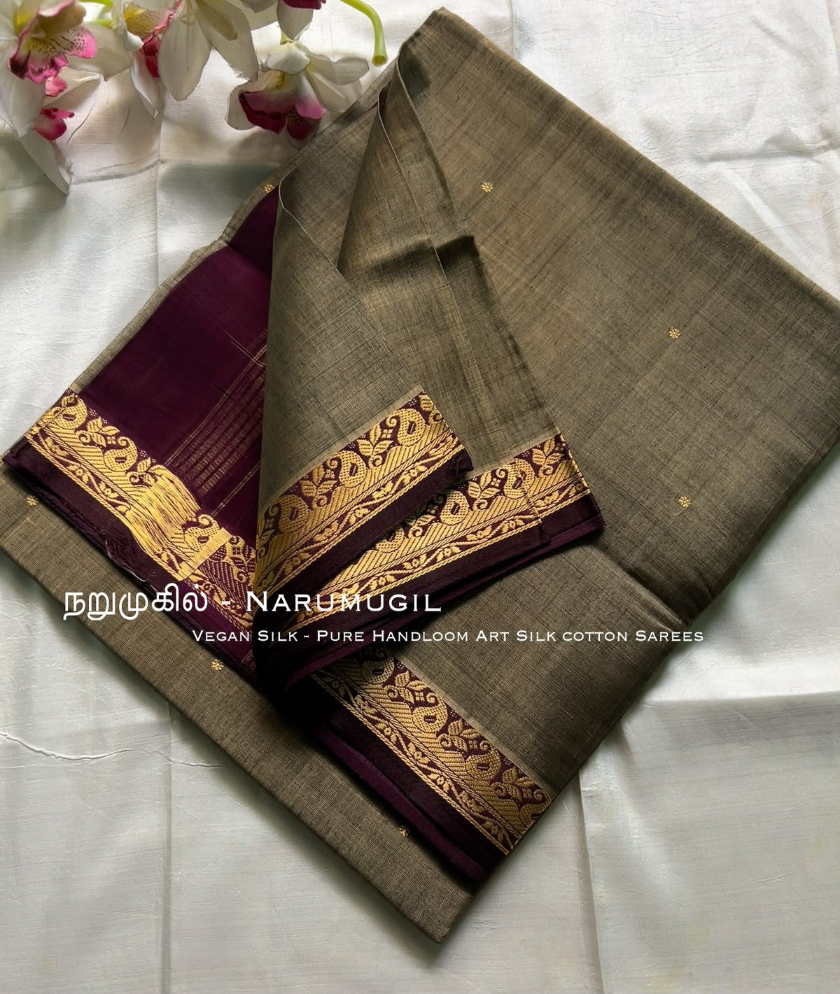 Elegant Vegan Silk Handloom Saree with Vintage Zari Border