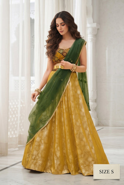 title for this Mustard Gold Embroidered Lehenga Choli with Green Dupatta – Fully Stitched Party Wear | Size S