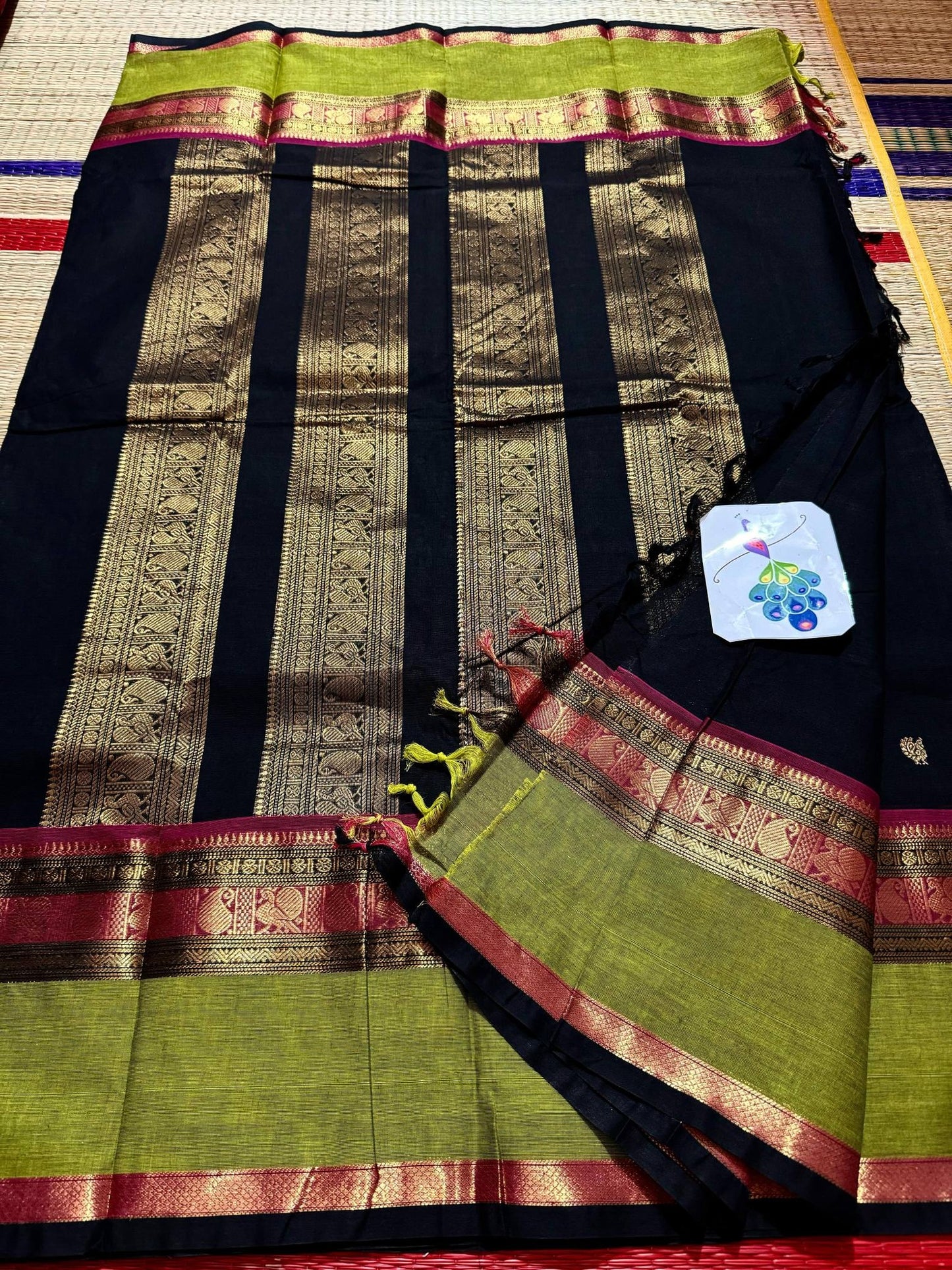 Black and apple green kanchi cotton saree