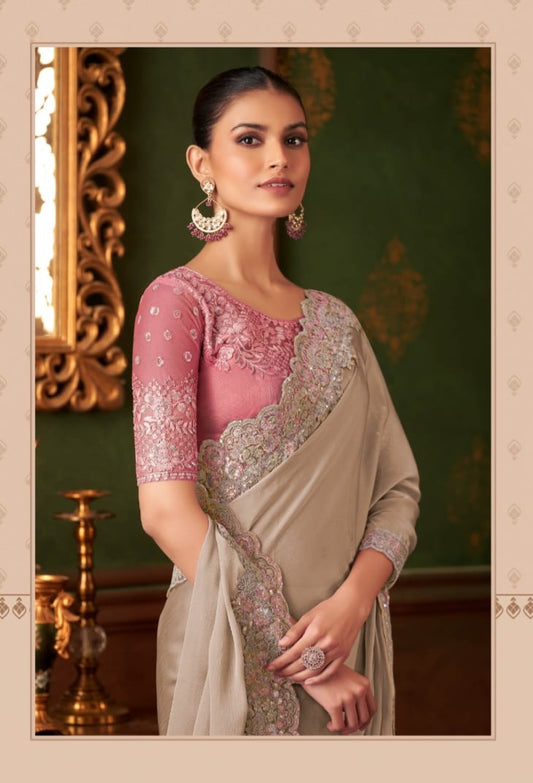 Beige Designer Saree with Pink Embroidered Blouse | Wedding & Party Wear Saree