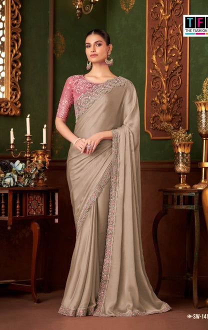 Beige Designer Saree with Pink Embroidered Blouse | Wedding & Party Wear Saree
