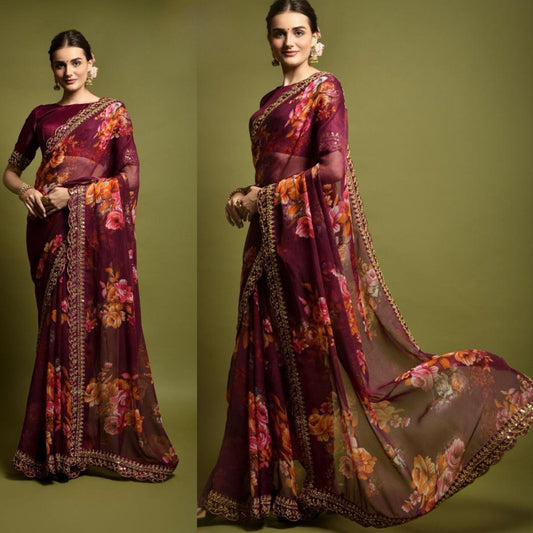 Beautiful Flower print with embroidery cut work lace Saree