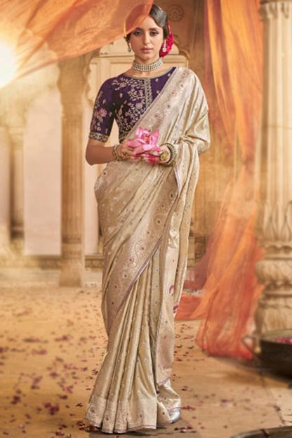 Light Beige Weaved Zari Lightweight Silk Saree