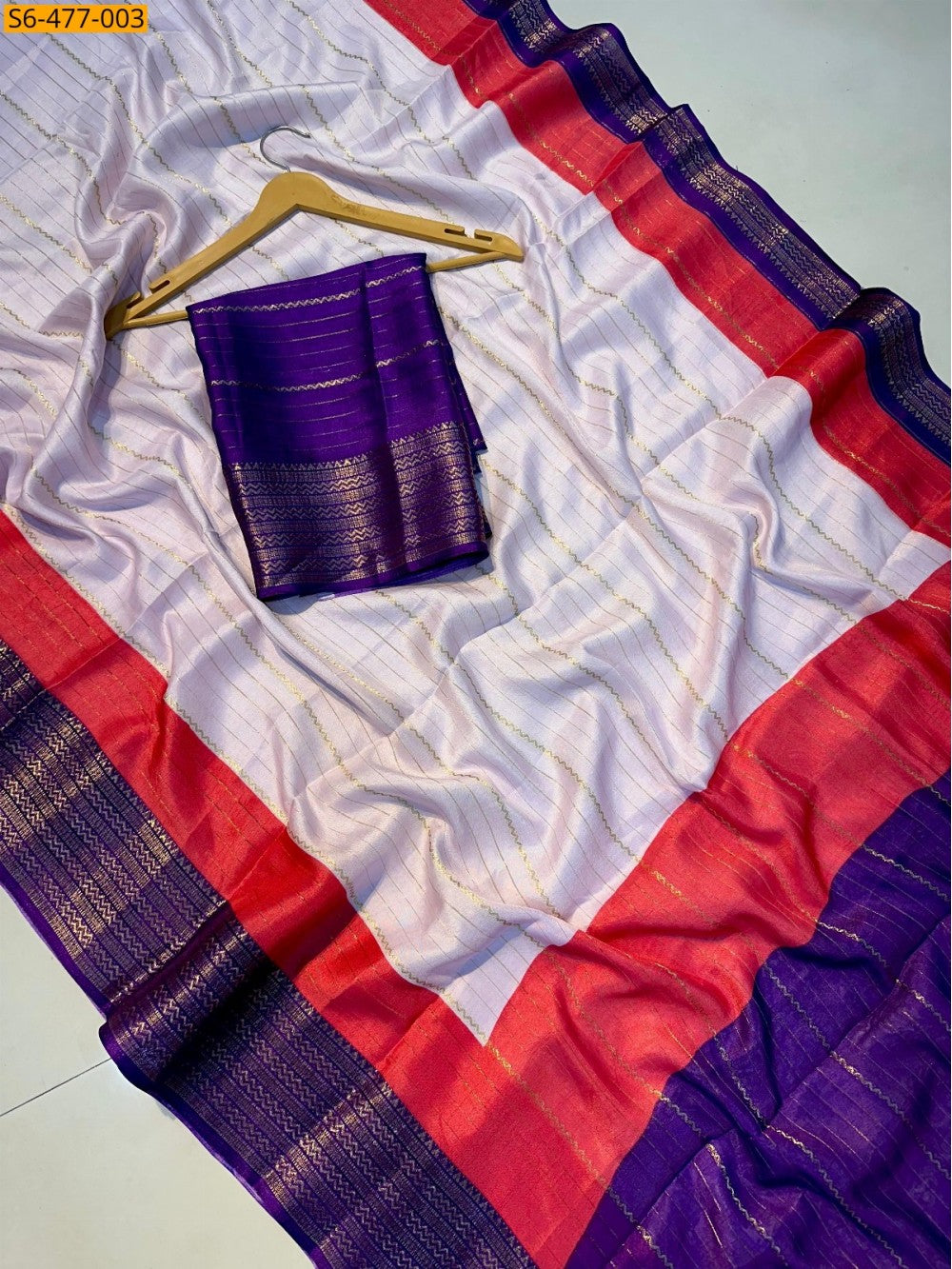 Fancy mysore silk crepe  saree - Magenta and Blue