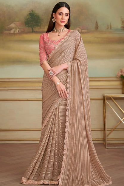 Beige strip designer cocktail saree | Wedding & Party Wear Saree