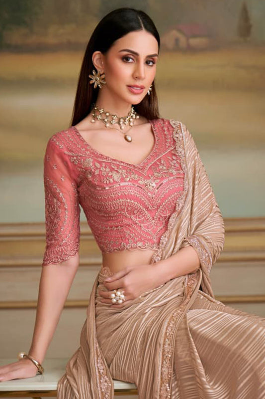 Beige strip designer cocktail saree | Wedding & Party Wear Saree