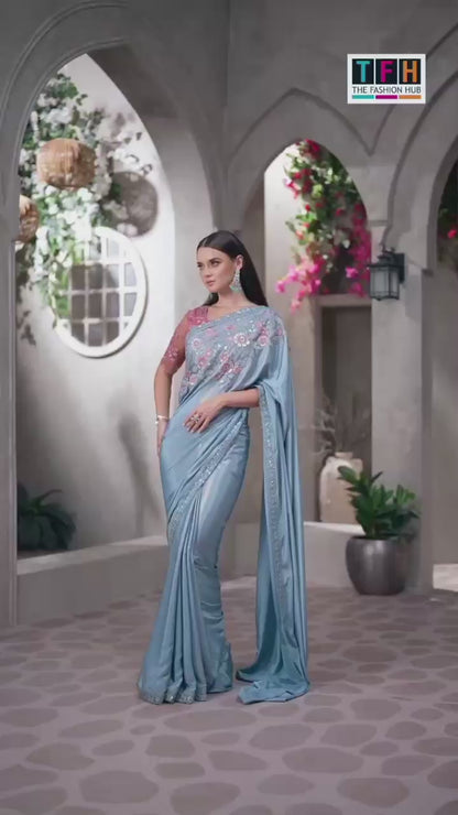 Buy Elegant Teal Satin Saree with Floral Embroidery