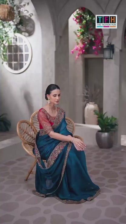 Blue and Red Mauve Satin Saree with Embroidered Border