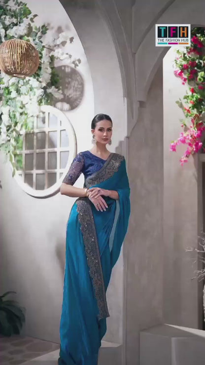 Majestic blue party wear saree with intricate embroidery
