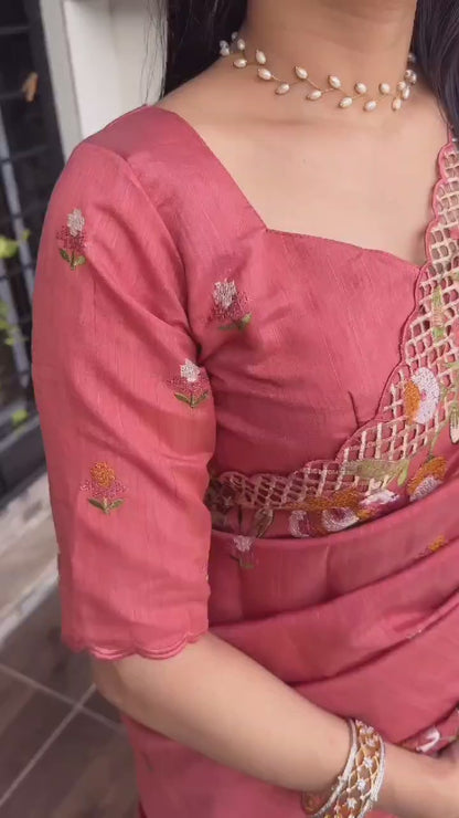 Cut work visca slub silk saree