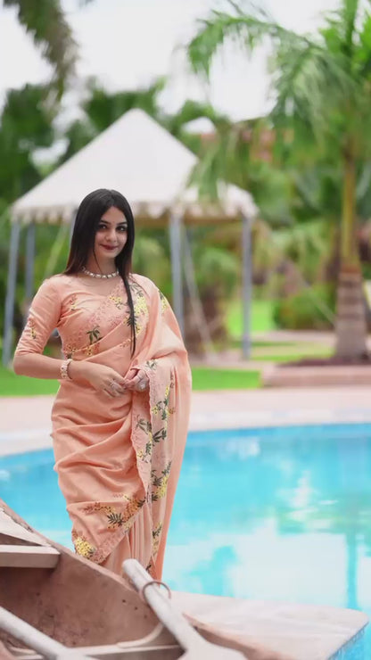 Tussar cotton saree in peach orange