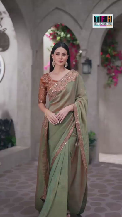 Vibrant pasta green Saree with Embroidered Border