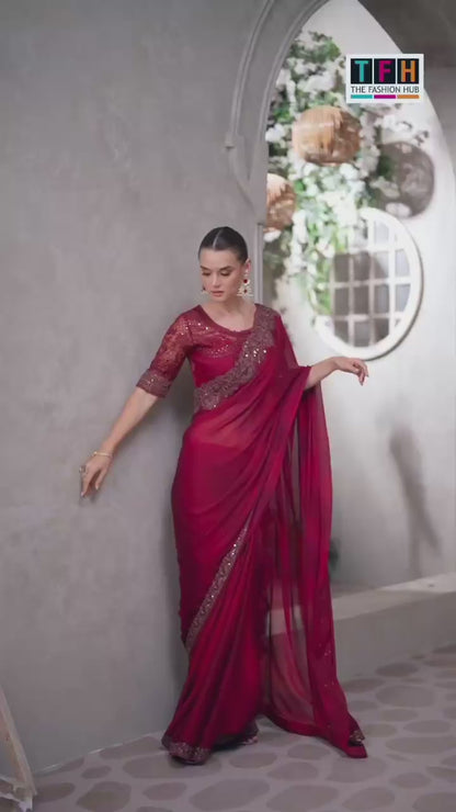 Red Mauve Satin Saree with Embroidered Border