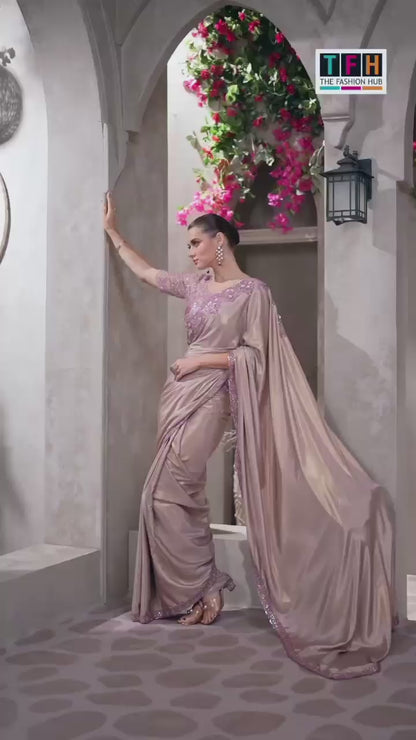 Elegant Mauve Satin Saree with Embroidered Border
