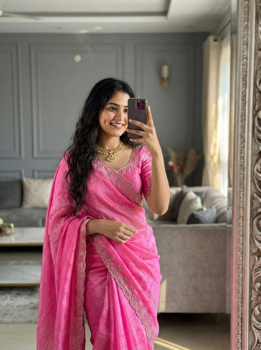 Baby pink space silksaree