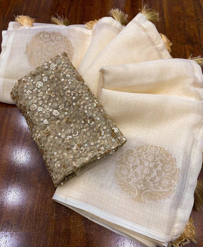 Kerala linen cotton sarees - off-white and sparkling blouse