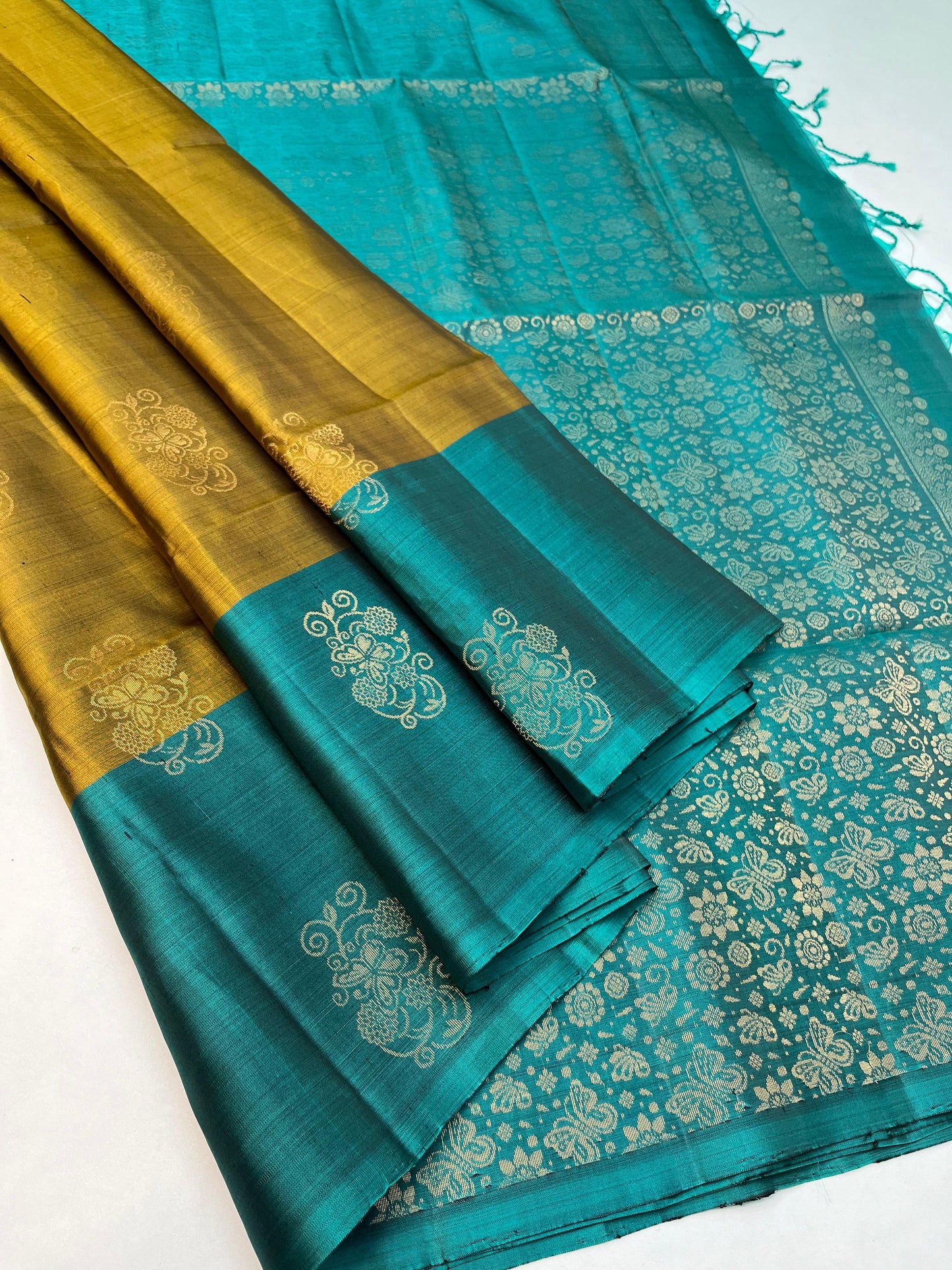 Mustard gold plus turquoise saree - kanchipuram soft silk saree