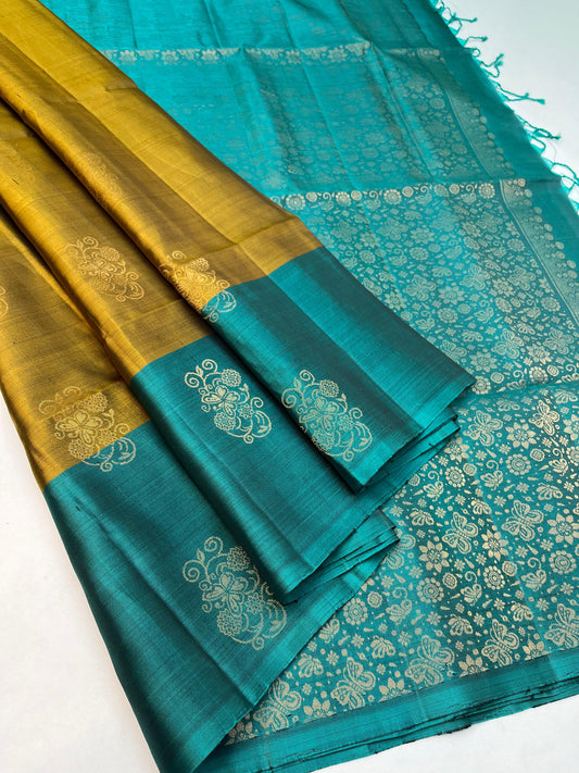 Mustard gold plus turquoise saree - kanchipuram soft silk saree