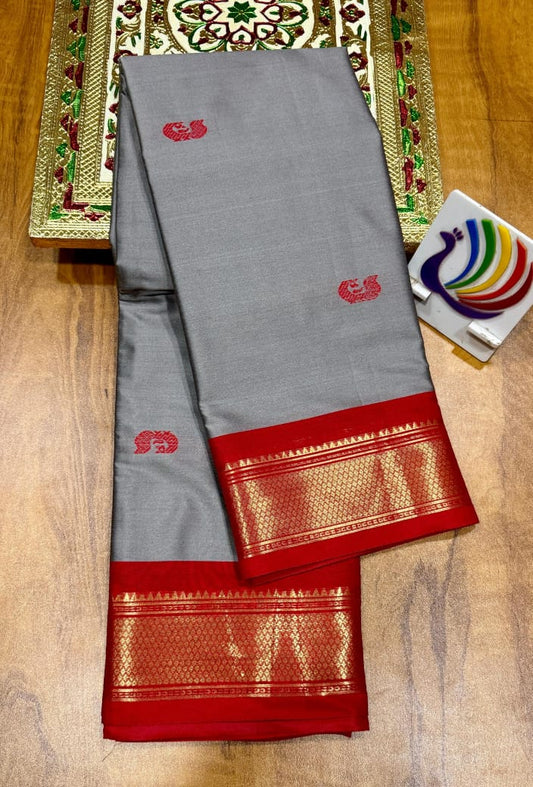 Traditional Kadiyal Paithani soft silk saree - Grey and Red