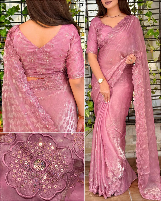 Kangana Mauve Pink Fendy Satin Checks Saree with Sequin & Scalloped Embroidery