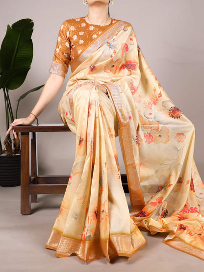 Cream Pure Tussar Silk With Viscose Border