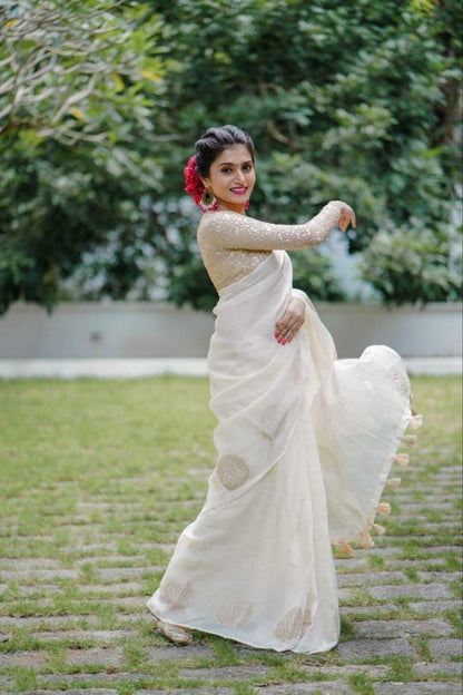 Kerala linen cotton sarees - off-white and sparkling blouse