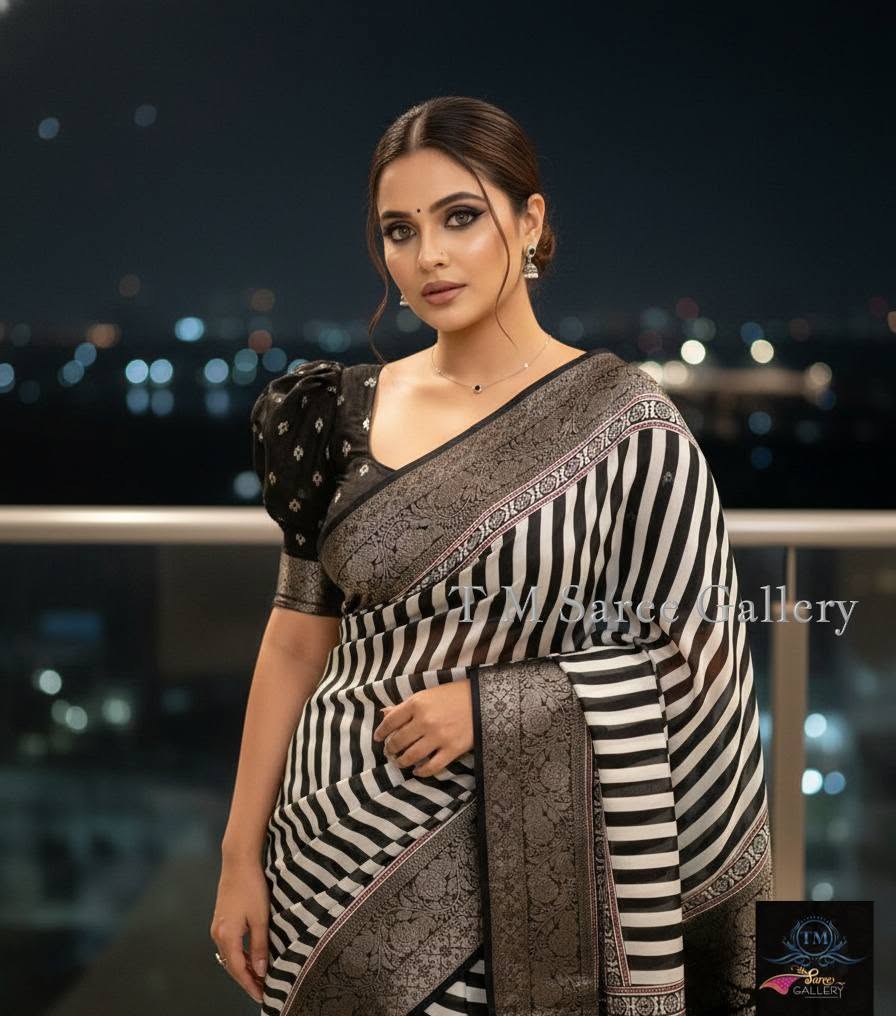 Black and white striped Soft Dola Saree with latkan