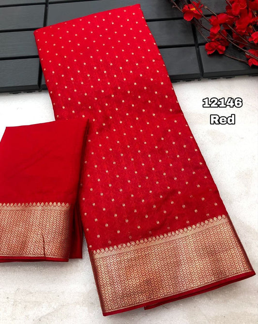 Khadi georgette red zari work saree