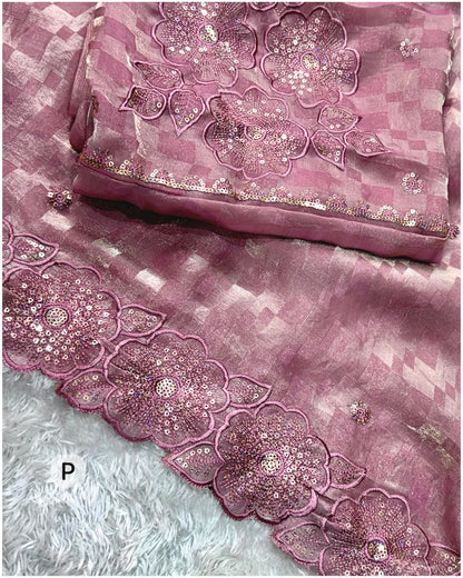 Kangana Mauve Pink Fendy Satin Checks Saree with Sequin & Scalloped Embroidery