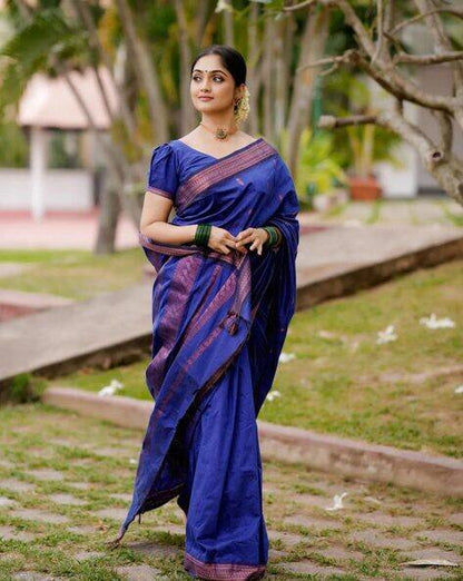 Vibrant blue copper border kalyani cotton saree