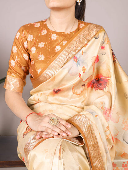Cream Pure Tussar Silk With Viscose Border