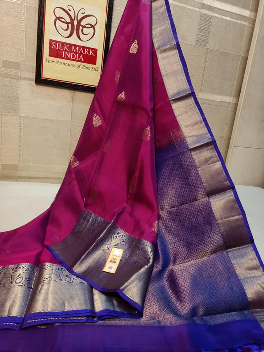Traditional magenta with blue pure kanchipuram silk saree