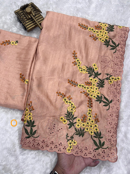 Tussar cotton saree in peach orange