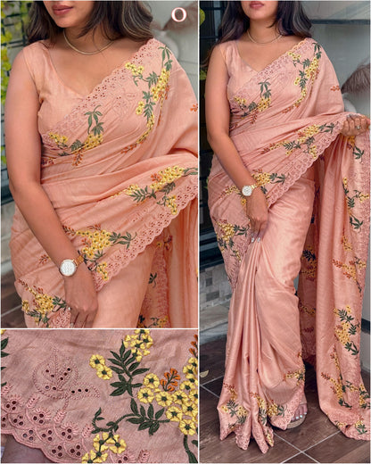 Tussar cotton saree in peach orange