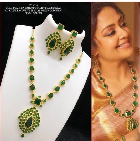 Traditional Gold Polish Green AD Stone Necklace Set – Premium Brass Bridal Jewelry for Women