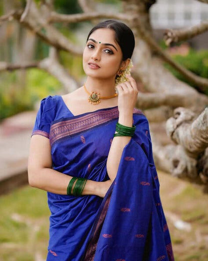 Vibrant blue copper border kalyani cotton saree