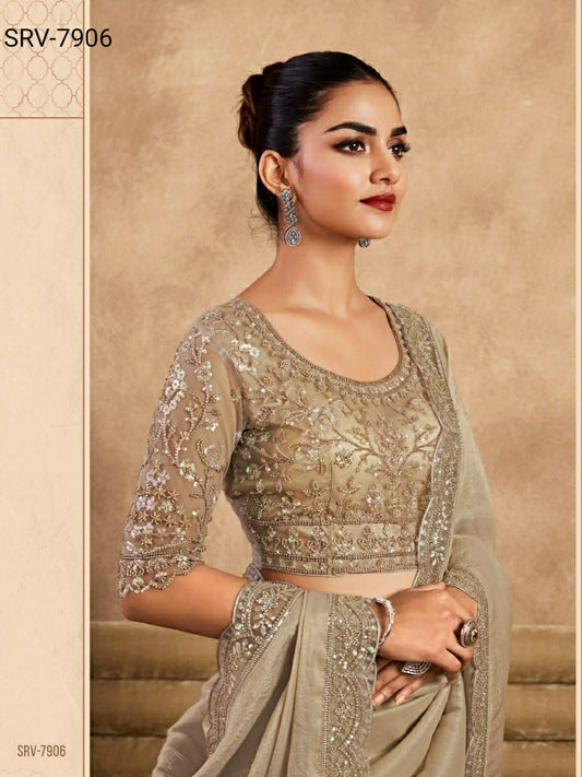 Shine silk party wear saree - silvery gold