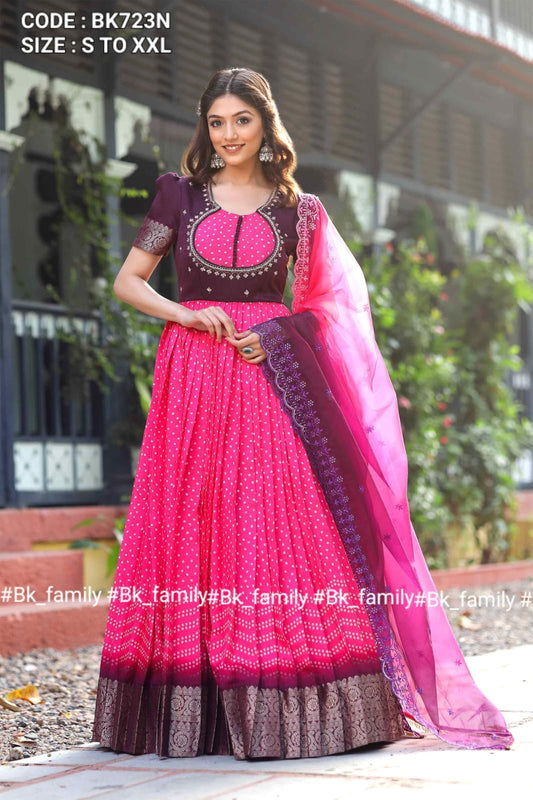 Mysore silk bandhani Anarkali gown
