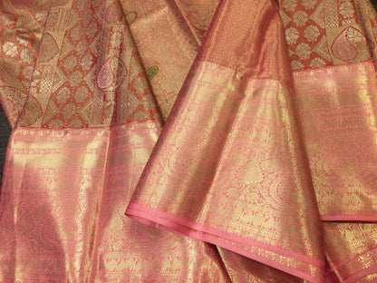 Peach pink Semi-Kanchipuram Tissue Saree - wedding saree