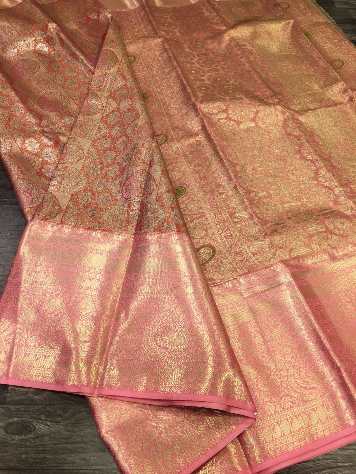 Peach pink Semi-Kanchipuram Tissue Saree - wedding saree