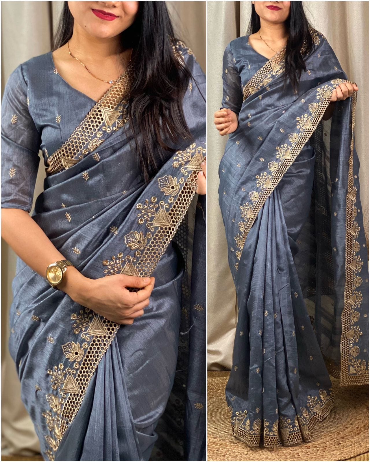 Cut work visca slub silk saree