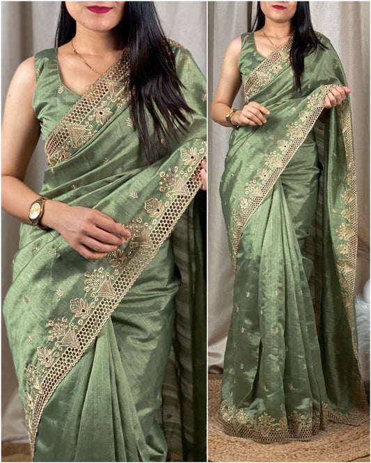 Cut work visca slub silk saree