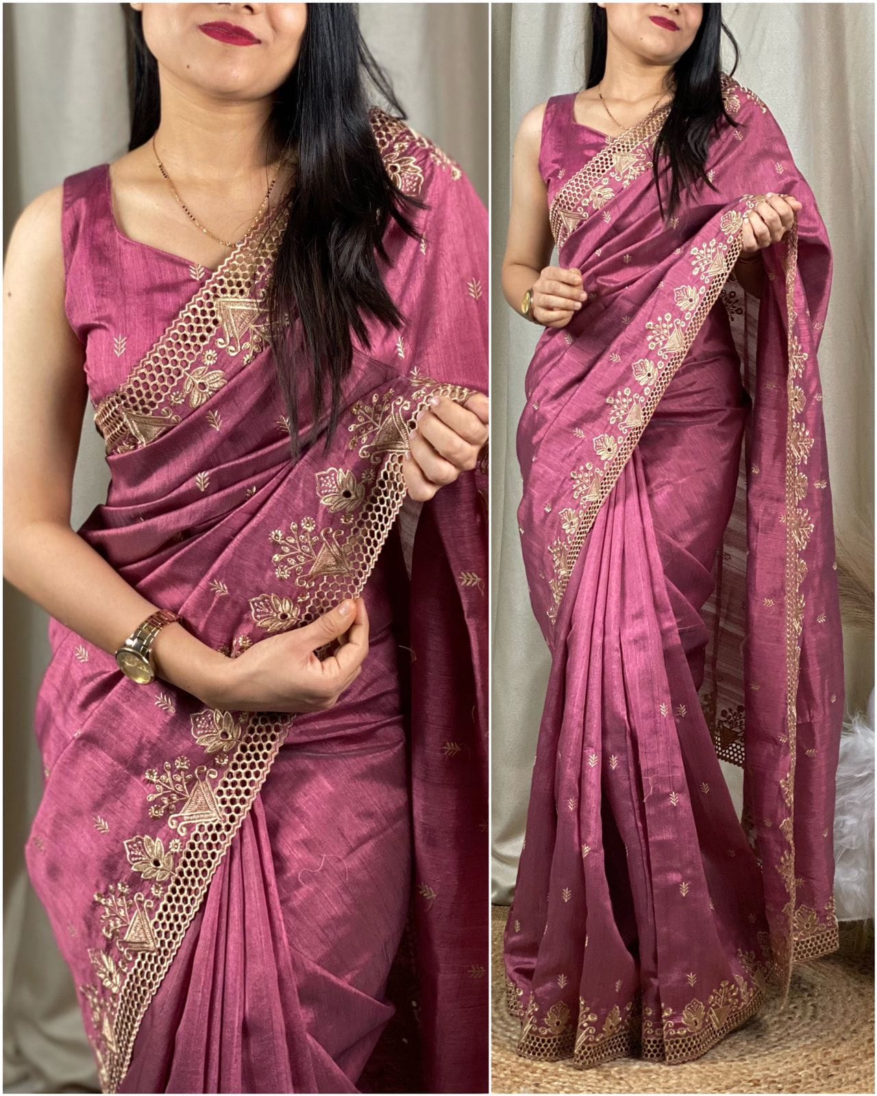 Cut work visca slub silk saree