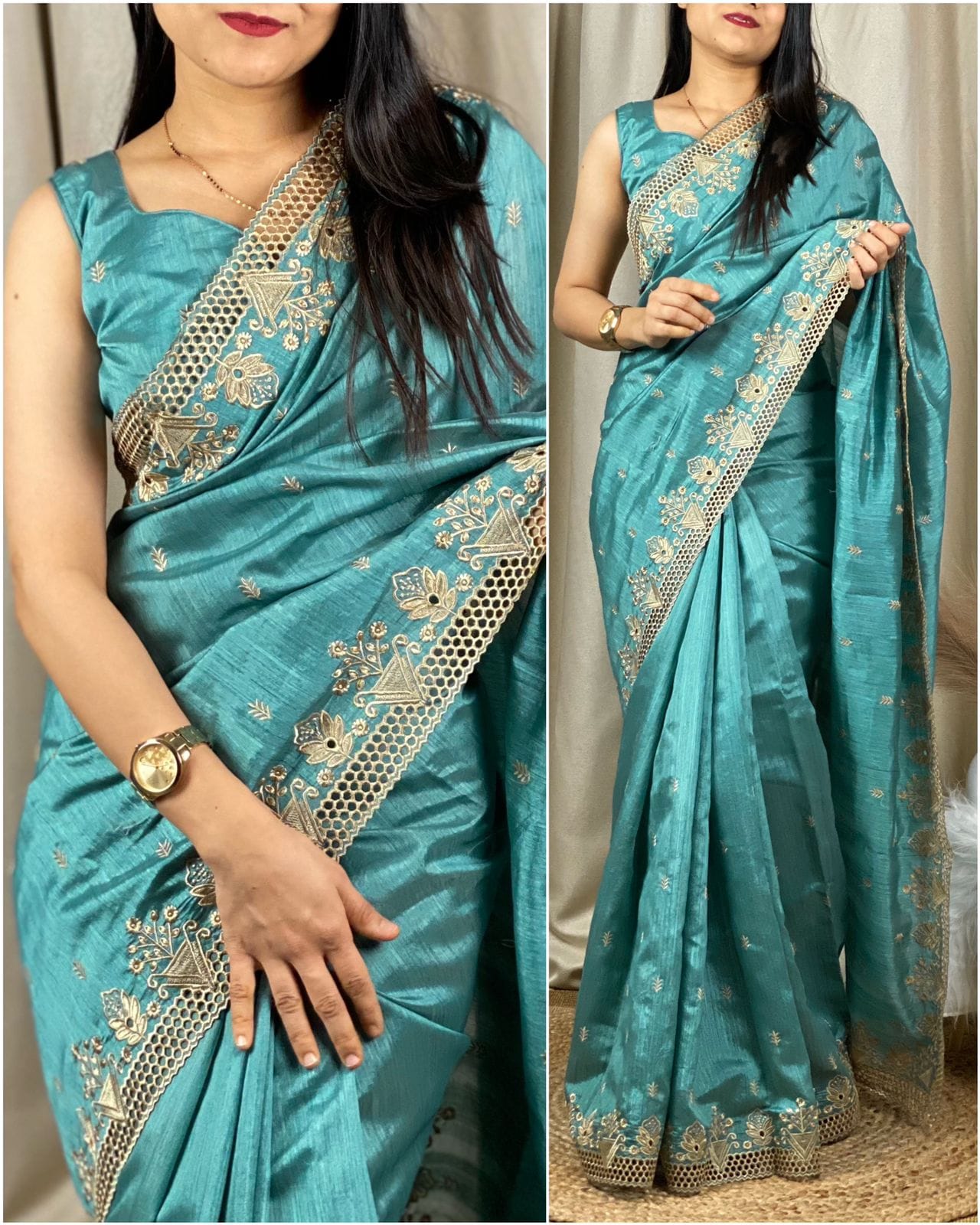 Cut work visca slub silk saree