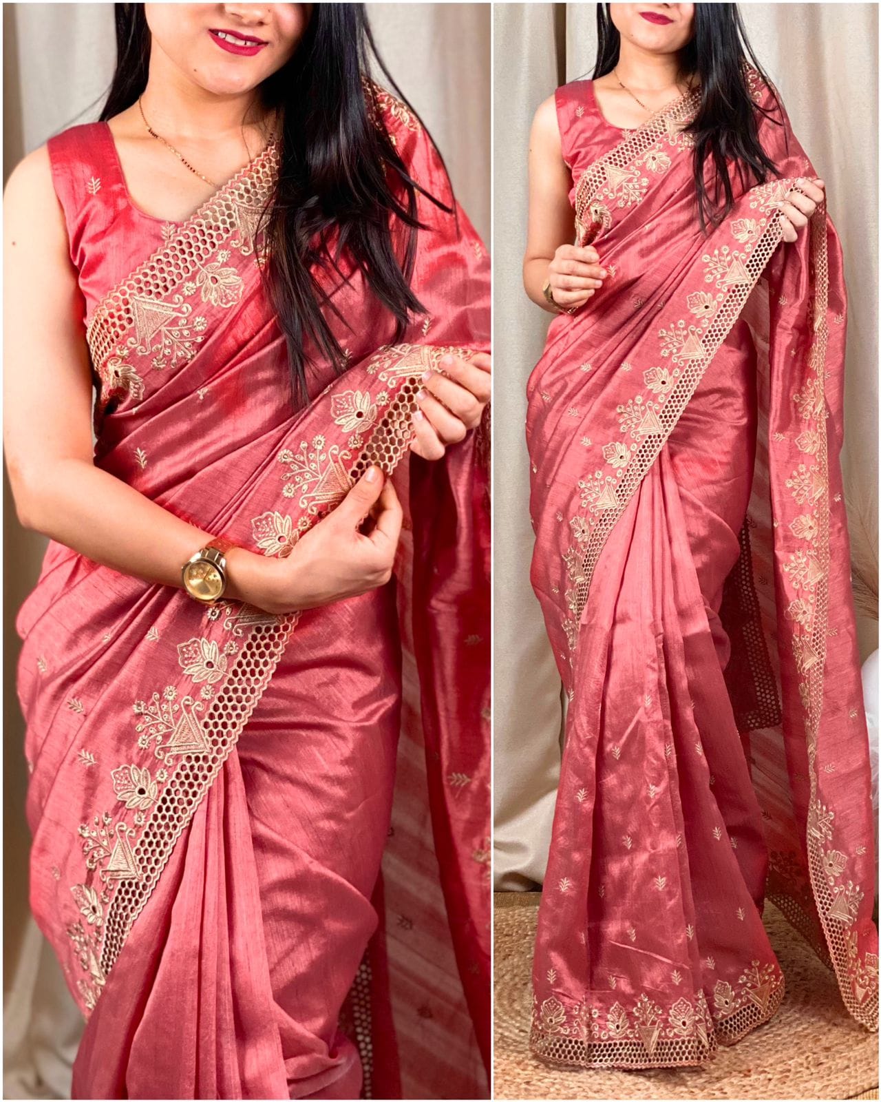 Cut work visca slub silk saree